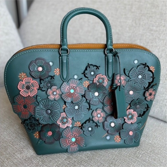 Coach Handbags - Coach 1941 Rogue 31 Tea Rose Applique Green Leather Satchel Shoulder Bag 58124